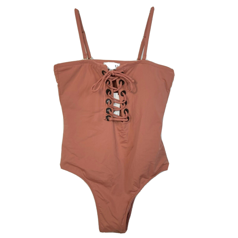NWT SWM Lioness‎ Swimsuit Womens Sz L Rose Pink Brigitte Bardot One Piece Laced